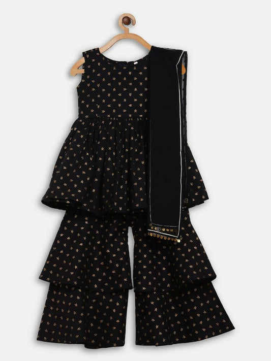 Ahalyaa Black Cotton Gold Print Kids Kurta Sharara Sets For Girls | Swadesiicart