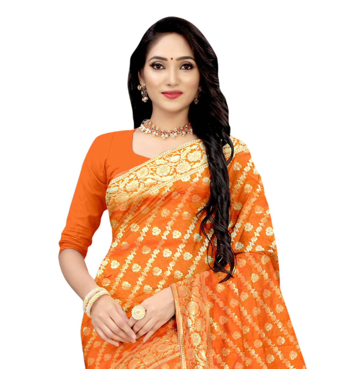 Vamika Orange Weaving Banarasi Jacquard Saree | Swadesiicart