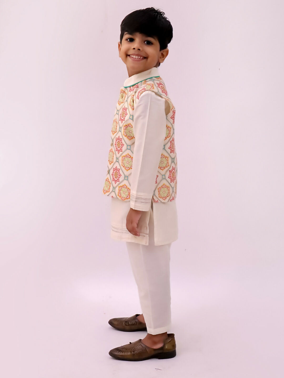 Lil Drama Mishti White Kurta Pyjama and Jacket For Boys | Swadesiicart