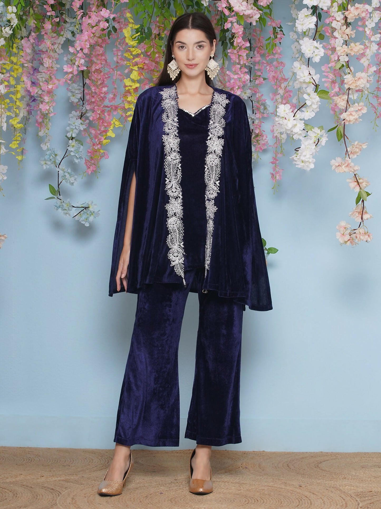 Joban Fashion Navy Blue Velvet Cape Set - Swadesiicart