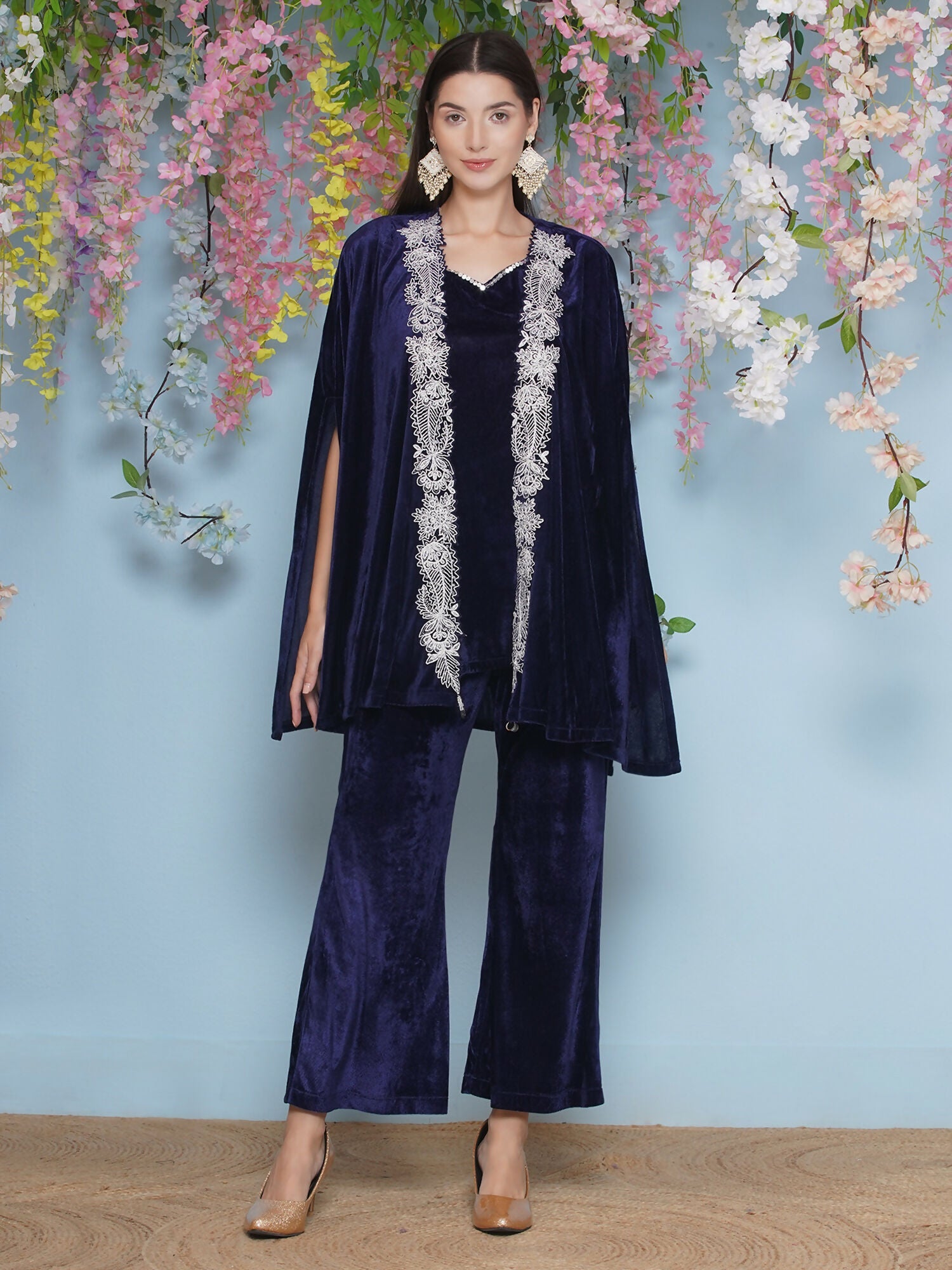 Joban Fashion Navy Blue Velvet Cape Set - Swadesiicart