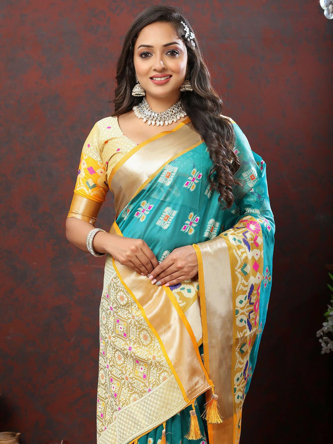 Lorenvalley Fashion Teal Organza Silk Woven Design with Meenakari Weaving Saree - Swadesiicart