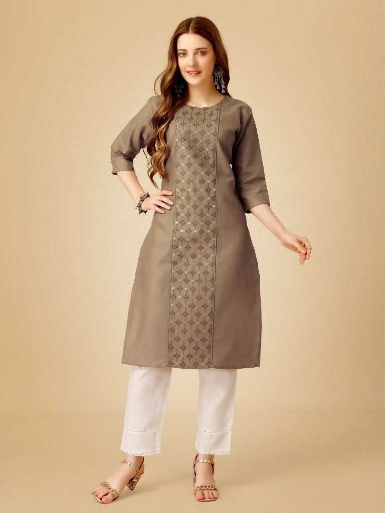 Jyoti Fashion Women's Khaki Cotton Blend Embroidered Kurta Pant Set | Swadesiicart