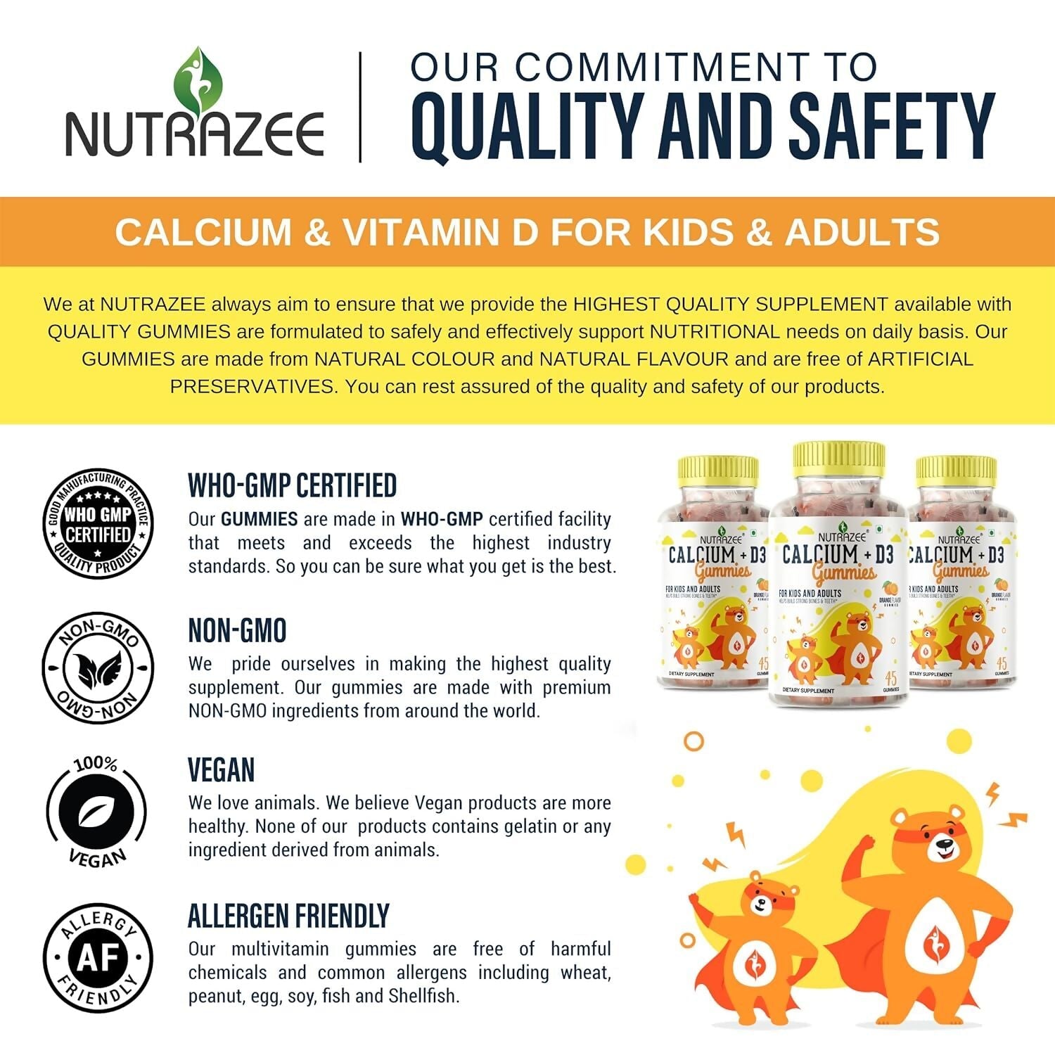 Nutrazee Calcium + D3 Gummies For Kids & Adults - Swadesiicart