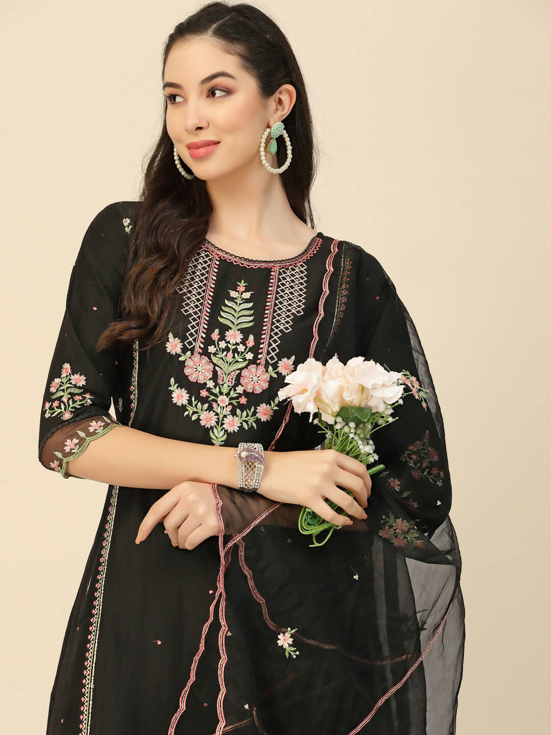 Black Embroidered Chinon Straight Kurta With Trouser & Dupatta - Salimar