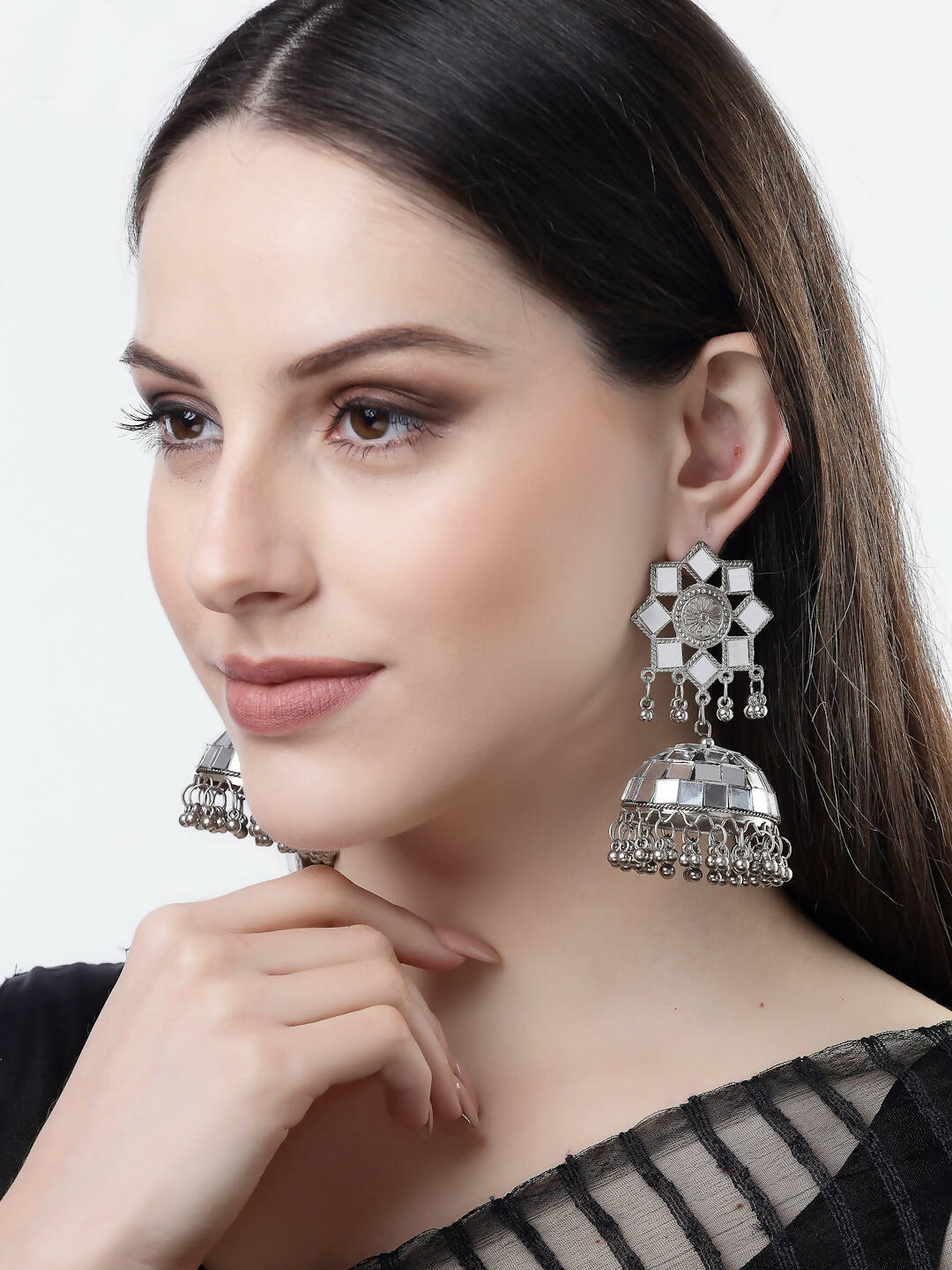 NVR Women Silver Mirror Oxidised Brass-Plated Jhumka Earrings | Swadesiicart