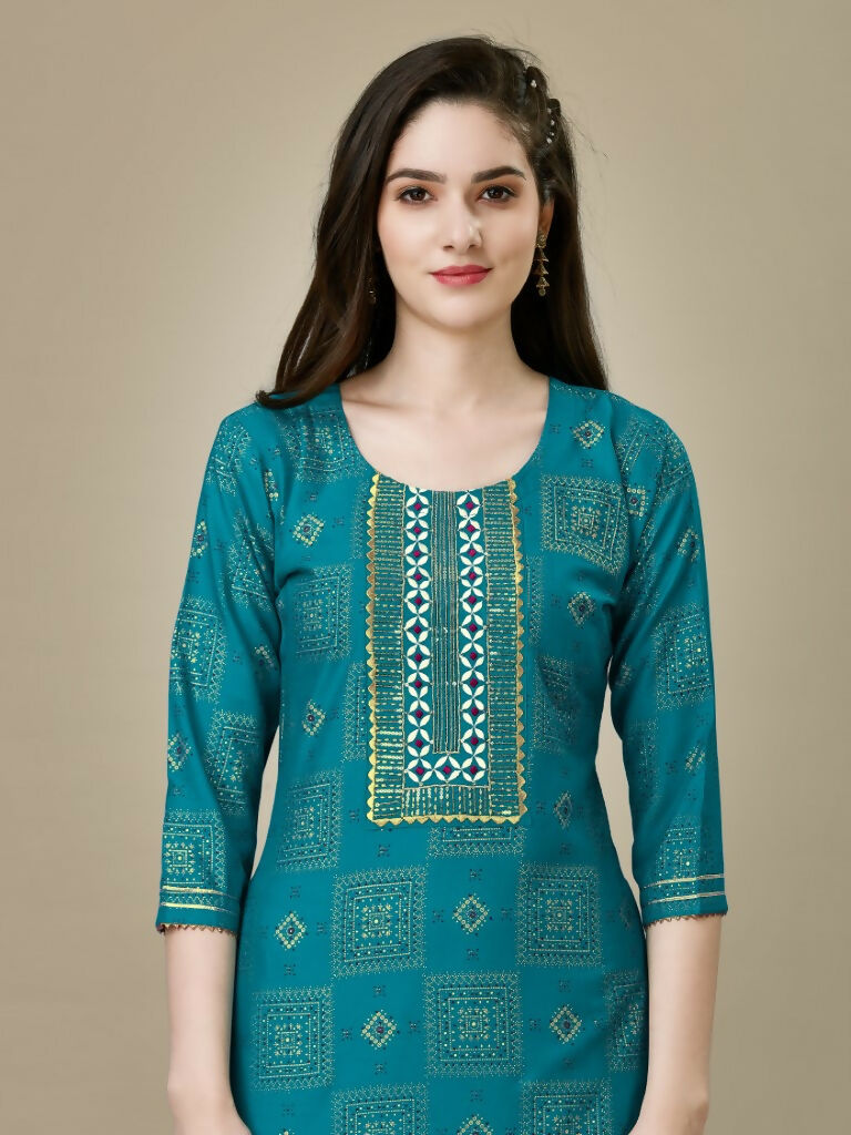 Jyoti Fashion Women's Rama Rayon Embroidered Kurta Pant Set | Swadesiicart