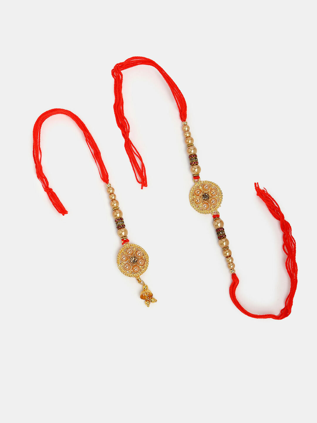 NVR Women & Men Set of 2 Gold-Toned Stone-Studded & Beaded Bhaiya Bhabi Rakhi With Roli Chawal | Swadesiicart