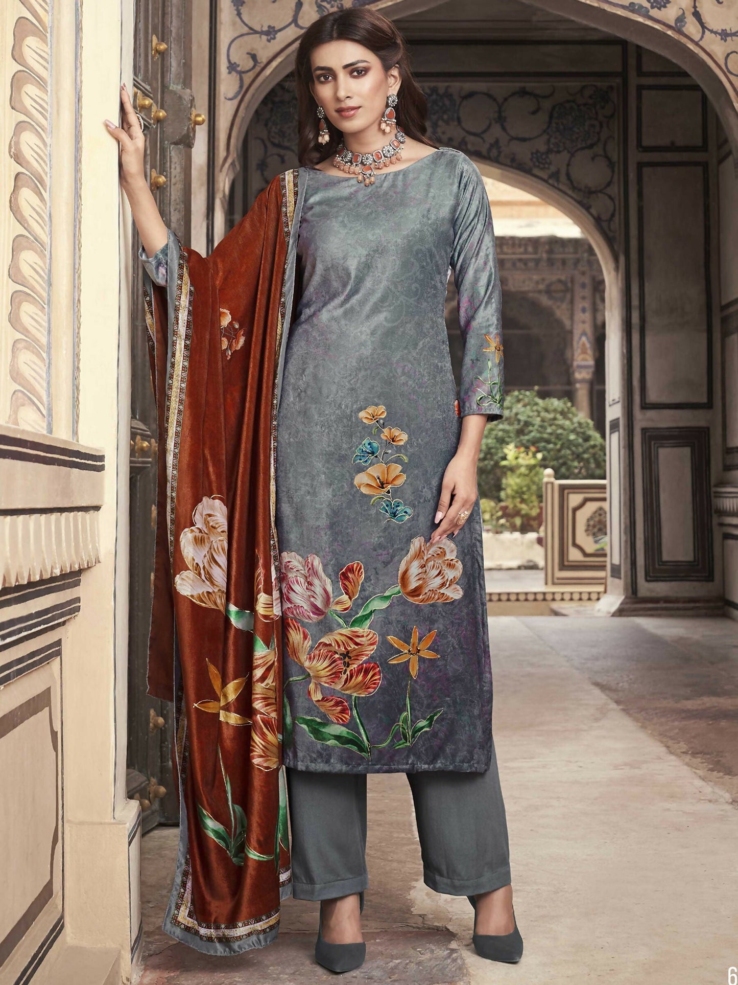 Jyoti Fashion Women's Grey Velvet Floral Digital Printed Kurta with Trouser & Dupatta | Swadesiicart