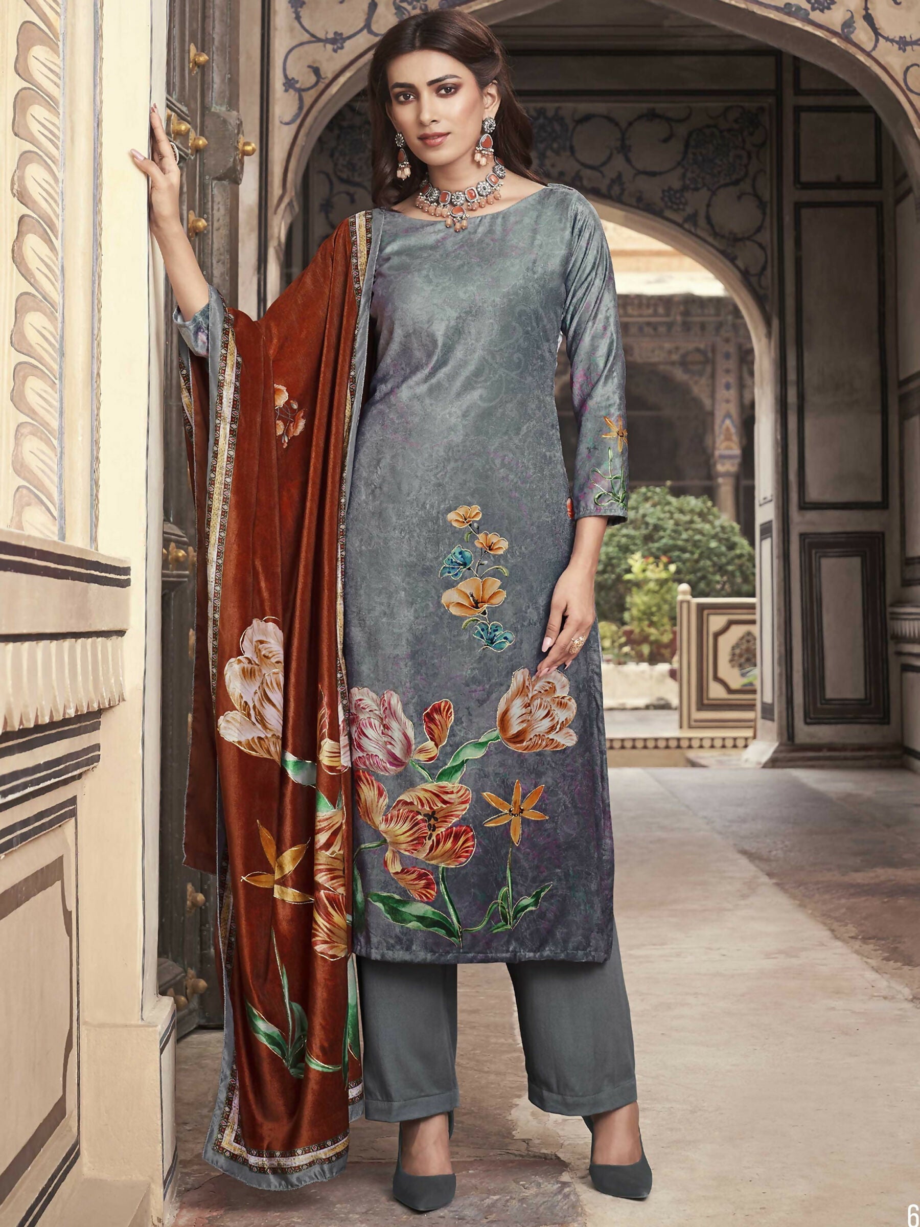 Jyoti Fashion Women's Grey Velvet Floral Digital Printed Kurta with Trouser & Dupatta | Swadesiicart