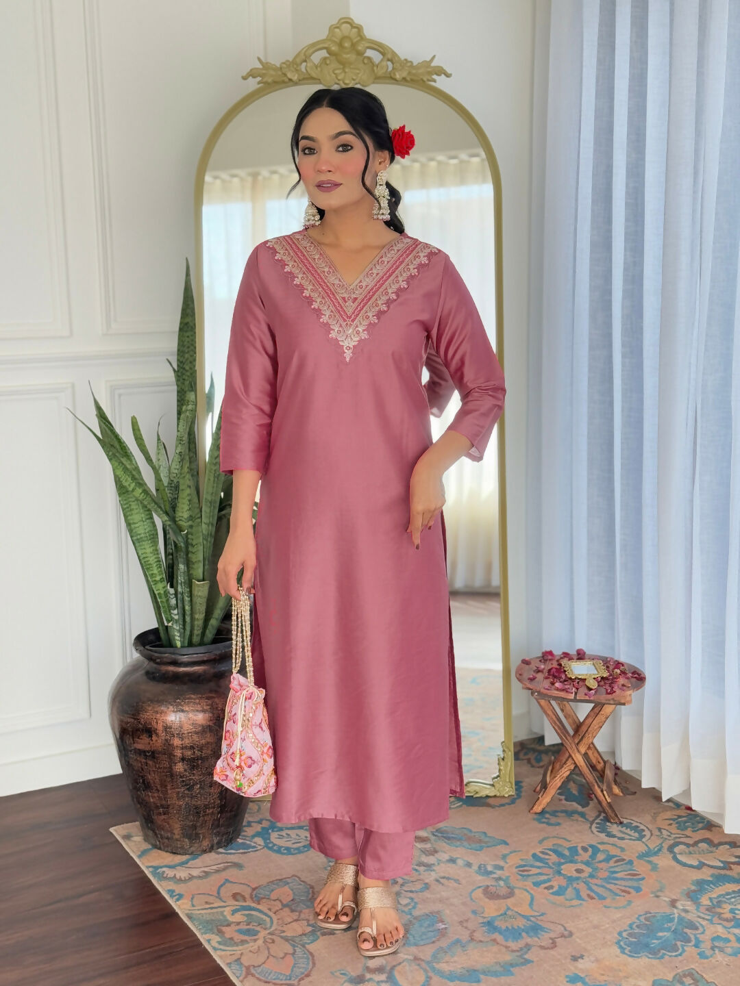 The52 Gajri Women's Beautiful Embroidered Rayon Fabric with Straight Kurta, Pant and Dupatta Set - Swadesiicart