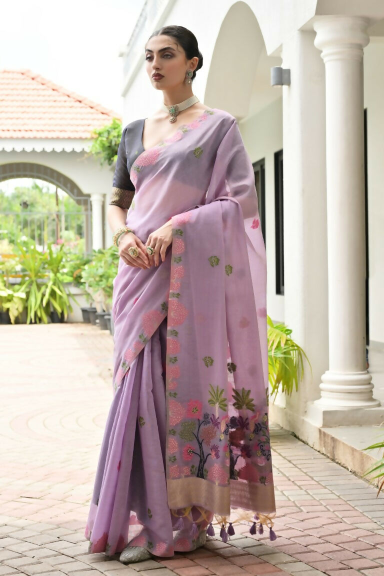 Vishnu Weaves Women's Lavender Muga Cotton Thread Weaving Saree with Blouse - Swadesiicart