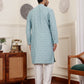 Blue Viscose Woven Jacquard Work Men's Rajwadi Kurta Set - Mahotsav