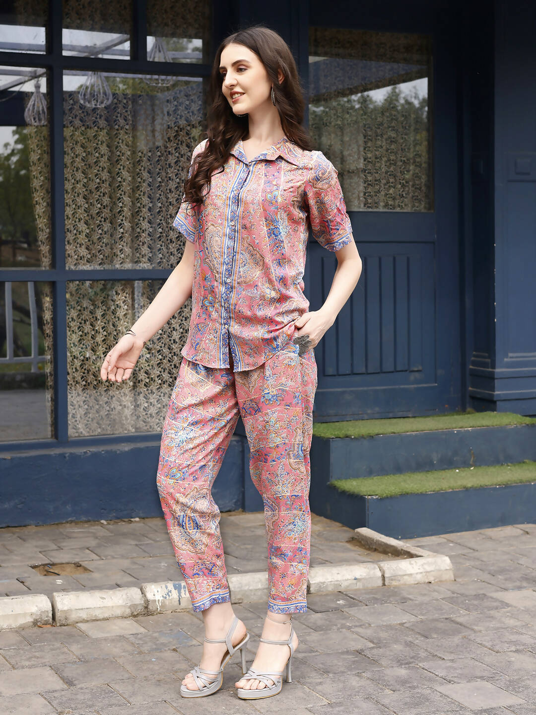 Pink Rayon Floral Printed Top with Matching Bottom - Eesha - Swadesiicart