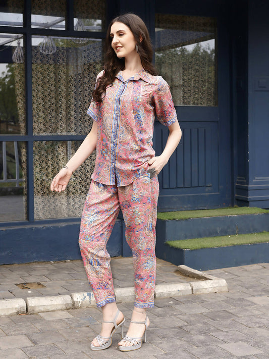 Pink Rayon Floral Printed Top with Matching Bottom - Eesha - Swadesiicart
