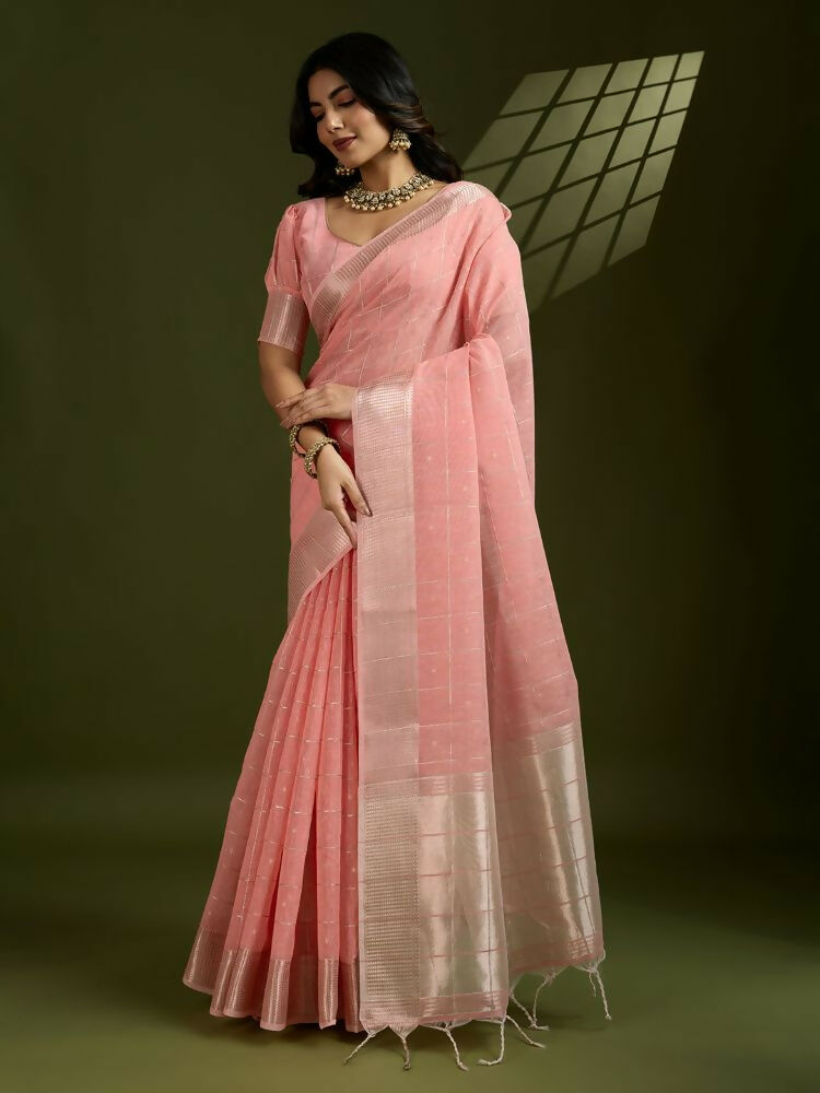 Vishnu Weaves Women's Peach Soft Silk Zari Woven Saree with Blouse - Swadesiicart