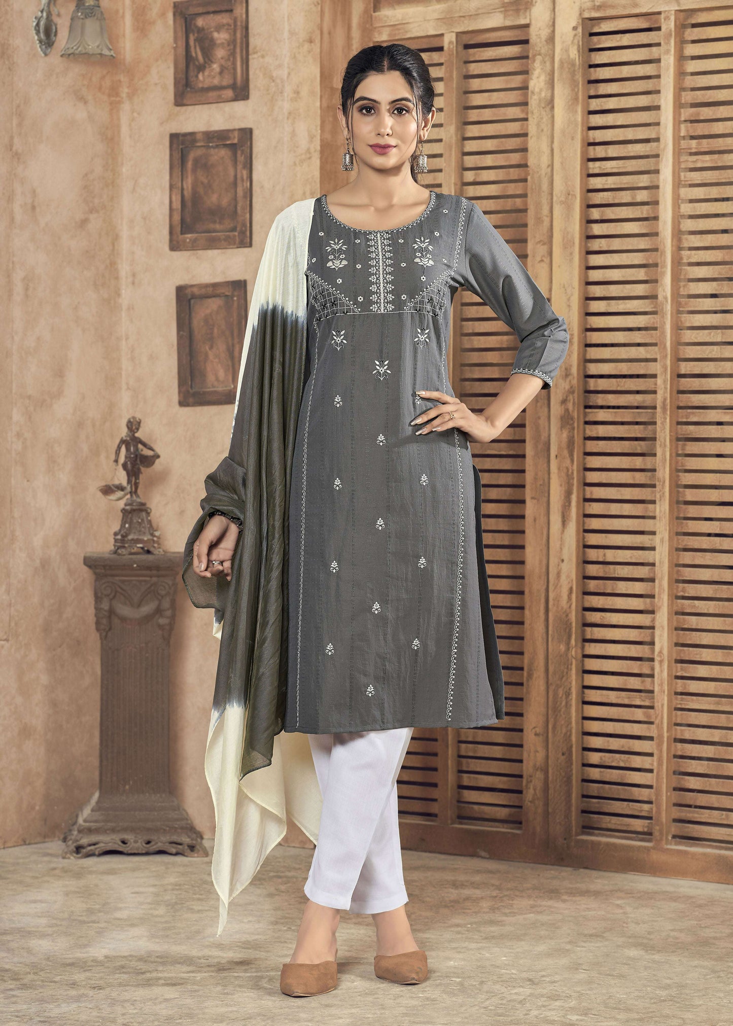 Jyoti Fashion Women's Grey Pure Viscose Weaving Stripe with Embroidery Kurta Set | Swadesiicart
