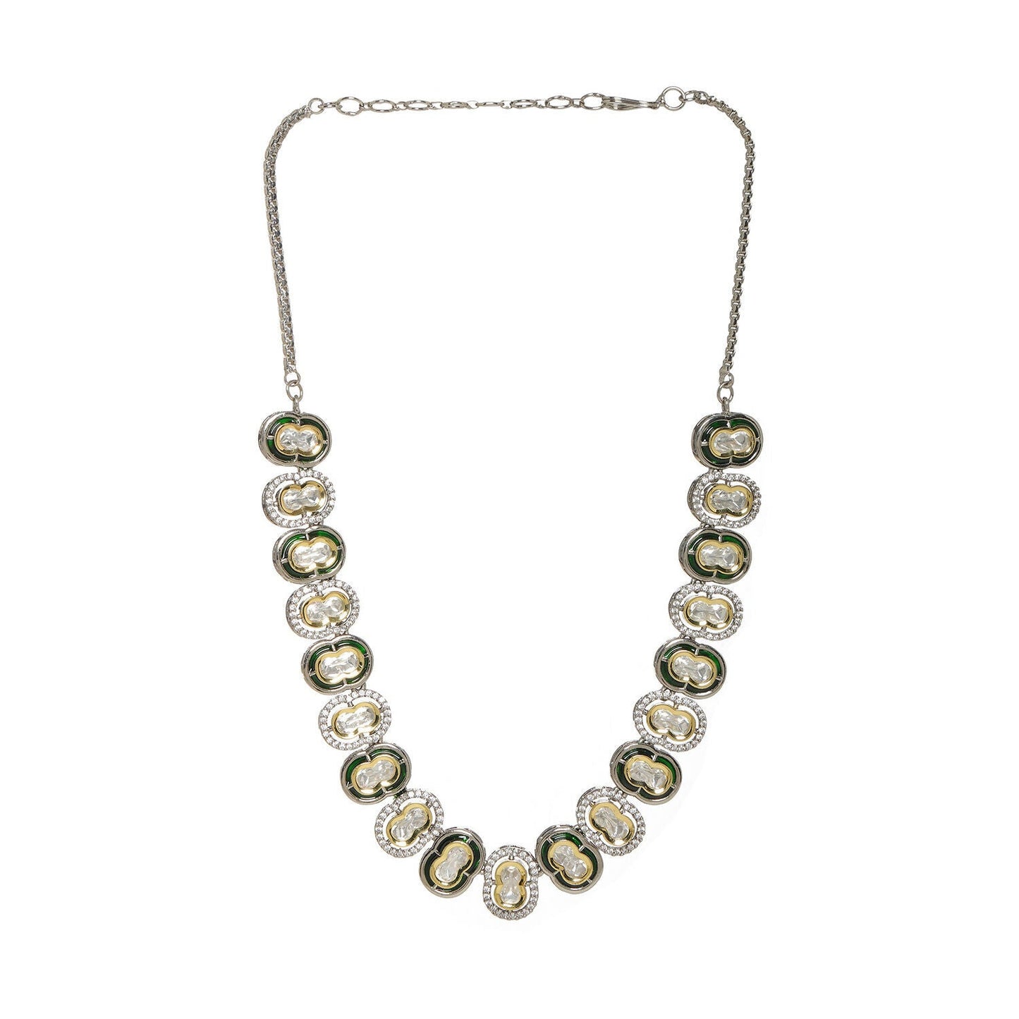 Mufli (peanut) Kundan Neckpiece with Meenakari and American Diamonds (Silver) - Ruby Raang | Swadesiicart