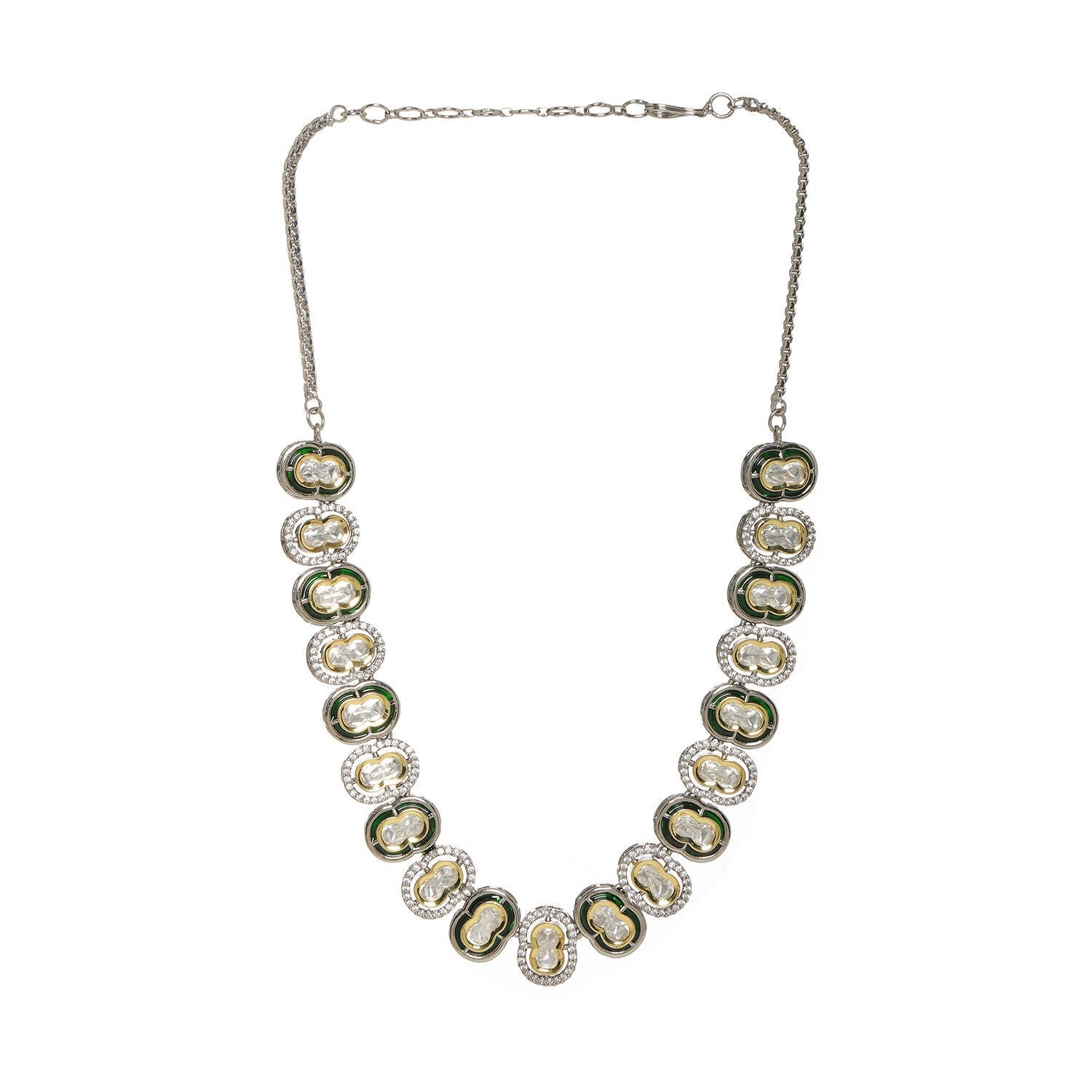 Mufli (peanut) Kundan Neckpiece with Meenakari and American Diamonds (Silver) - Ruby Raang | Swadesiicart