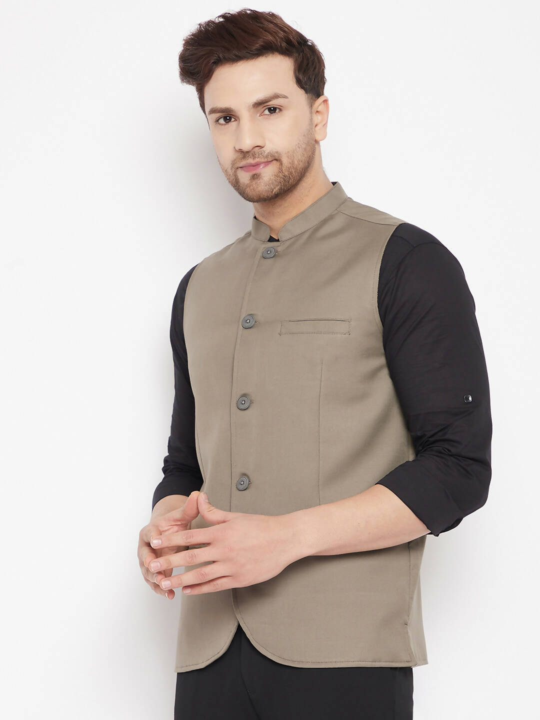 Even Apparels Beige Merino Men Woven Nehru Jacket | Swadesiicart