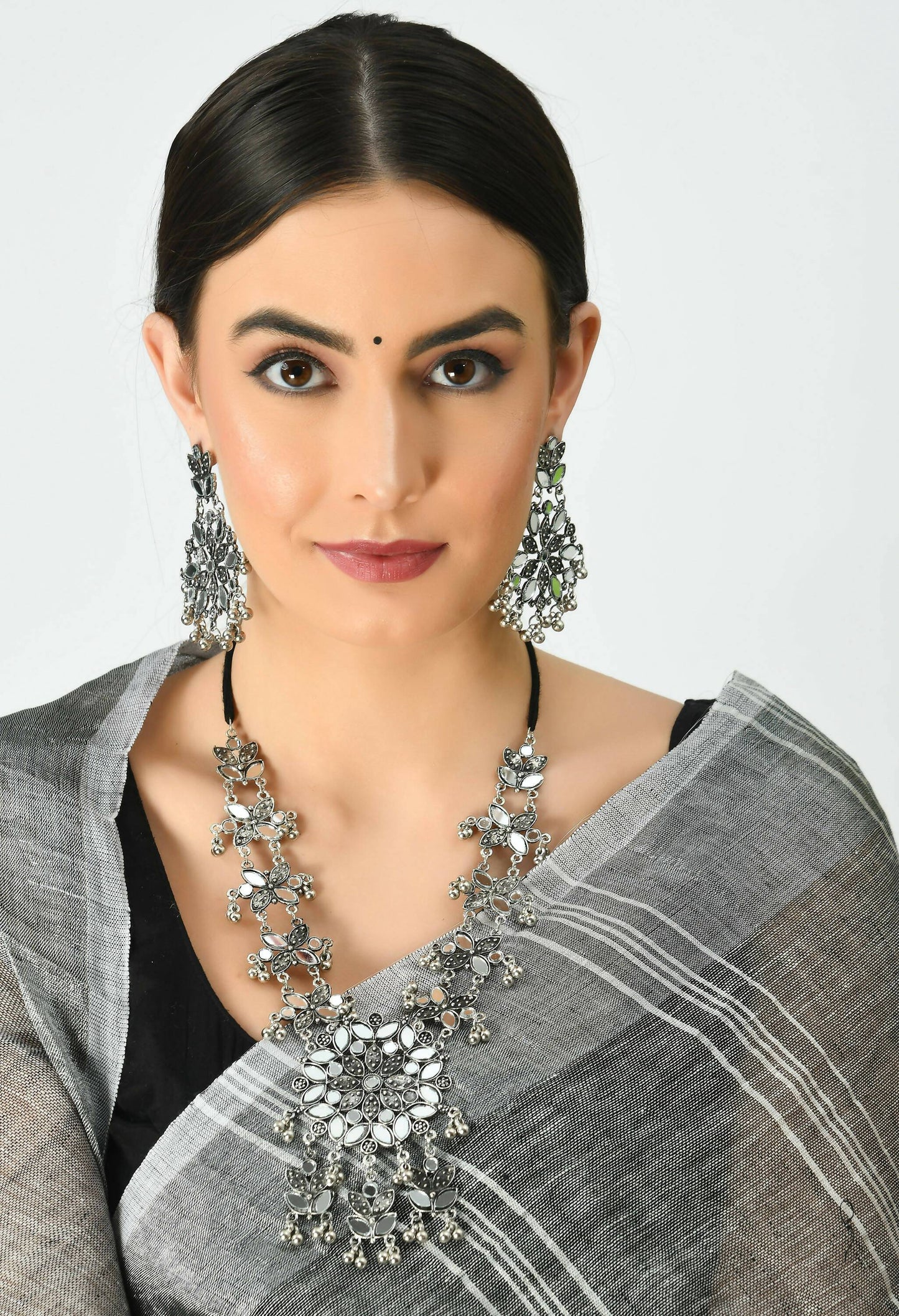 Mominos Fashion Johar Kamal Oxidised Silver-Plated Mirror Work Long Necklace Set - Swadesiicart