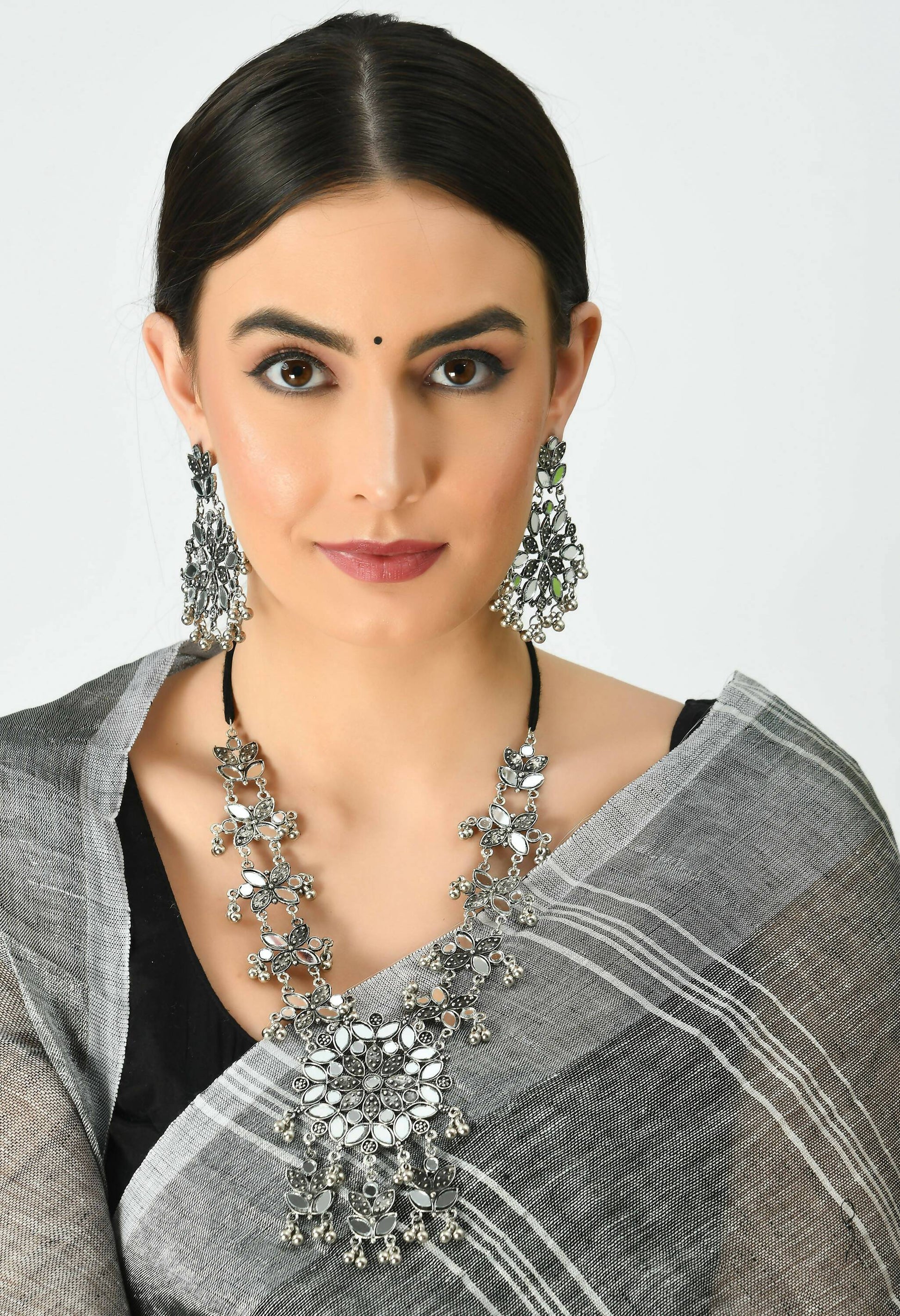 Mominos Fashion Johar Kamal Oxidised Silver-Plated Mirror Work Long Necklace Set - Swadesiicart