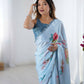 Blue Chinon Designer Digital Printed,Mirror Cut Work Saree - Manvika