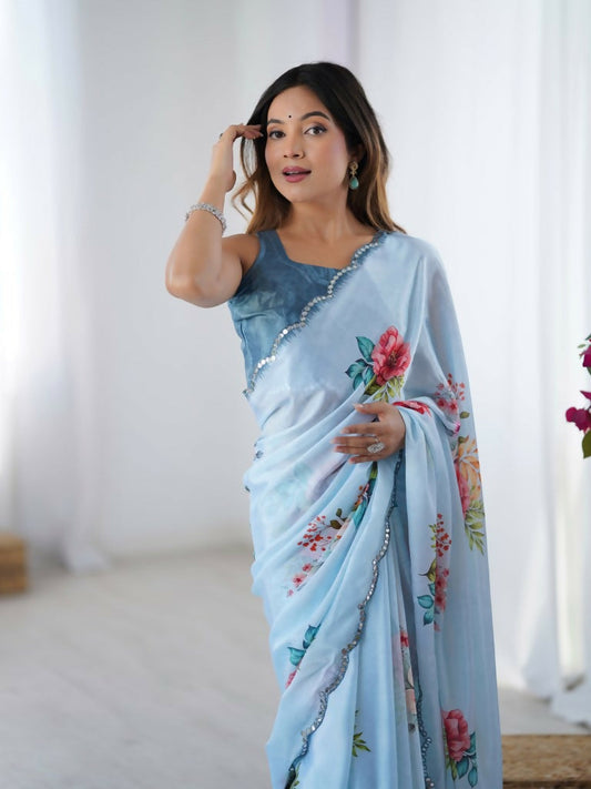 Blue Chinon Designer Digital Printed,Mirror Cut Work Saree - Manvika