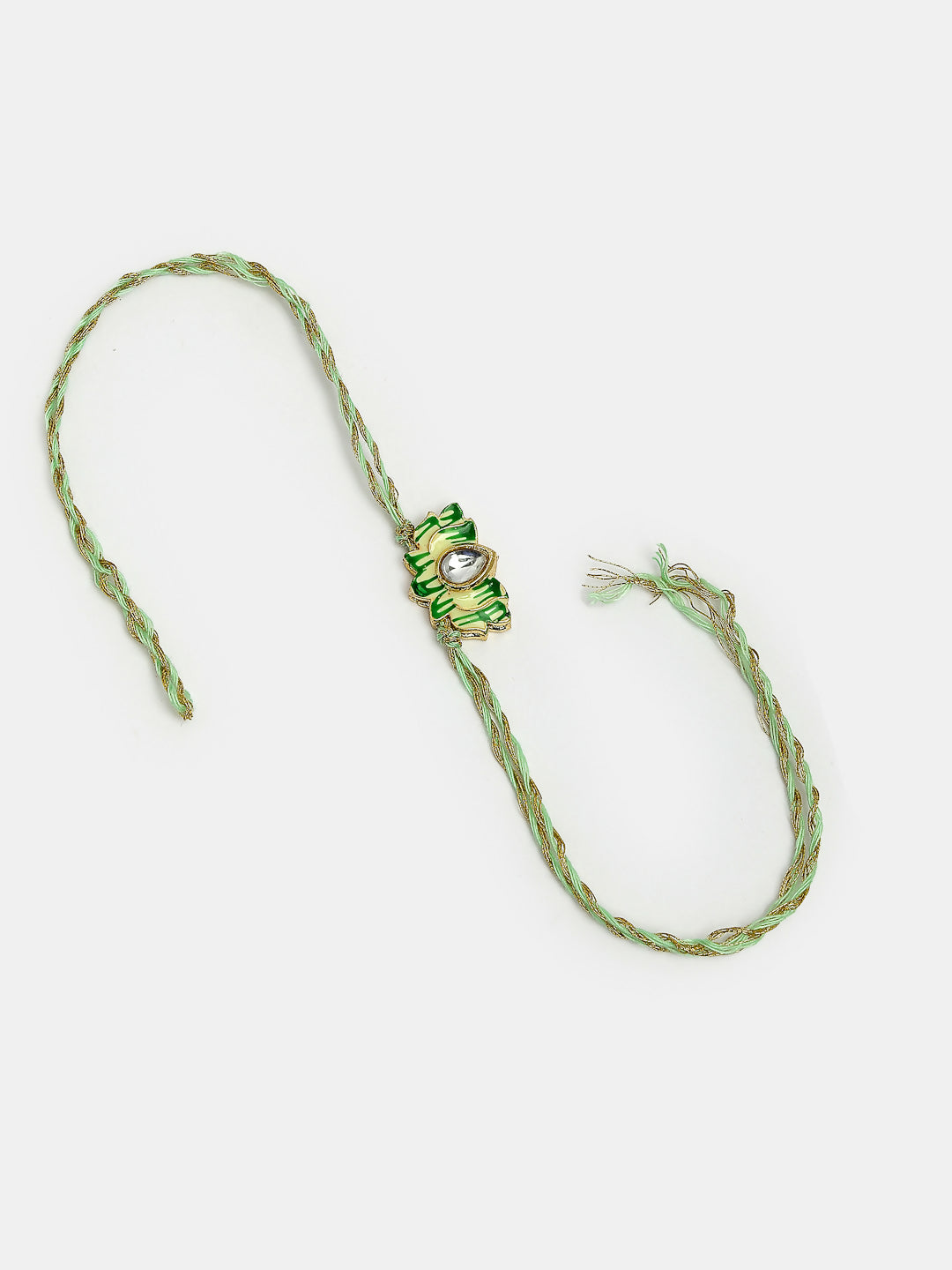 NVR Women & Men Set of 2 Green Lotus Shape Kundan-Studded & Beaded Wraparound Rakhi Set With Roli Chawal & Chocolate | Swadesiicart
