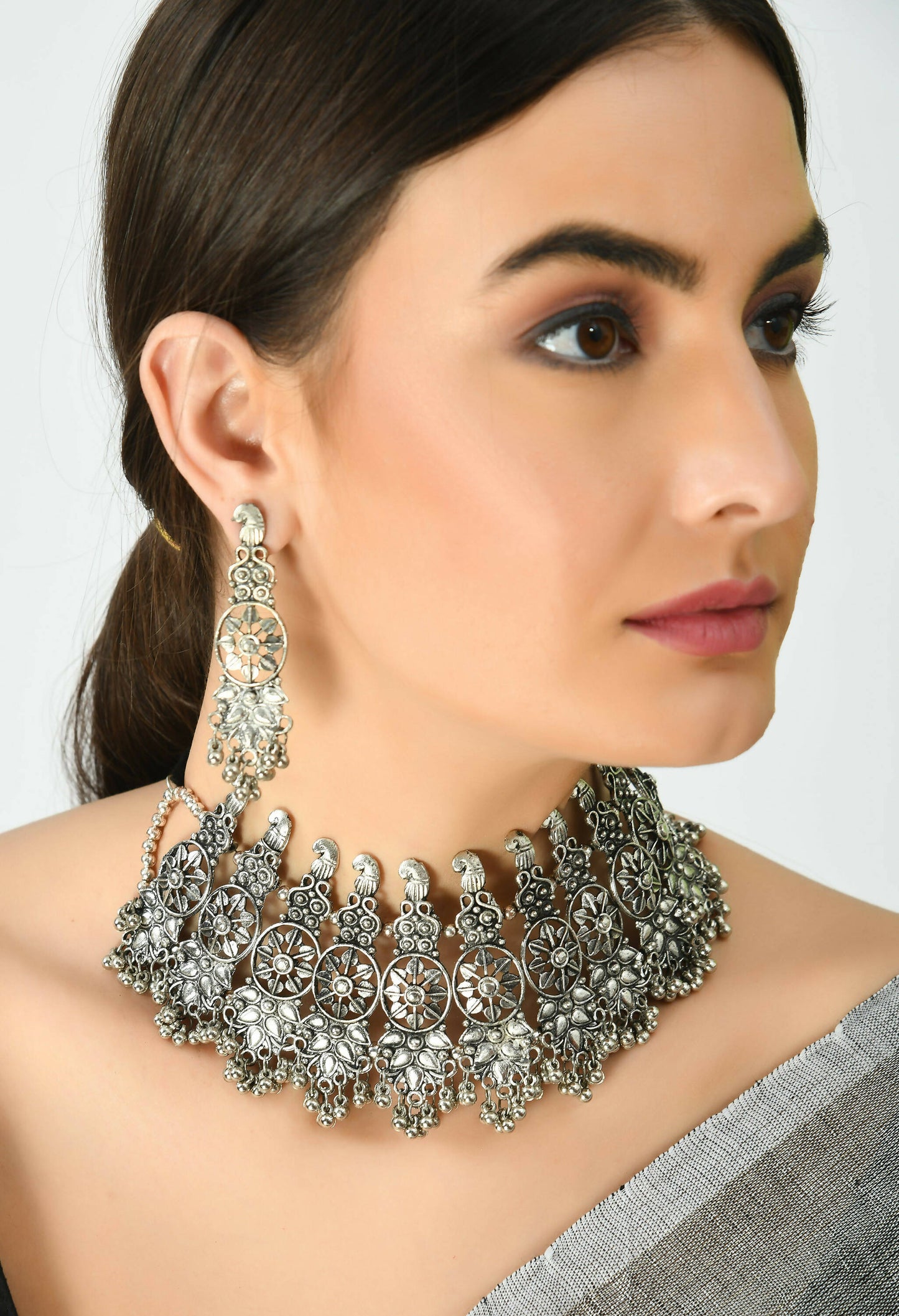 Mominos Fashion Johar Kamal Oxidised Silver-Plated Brass Finish Temple Jewellery with Earrings For Women - Swadesiicart