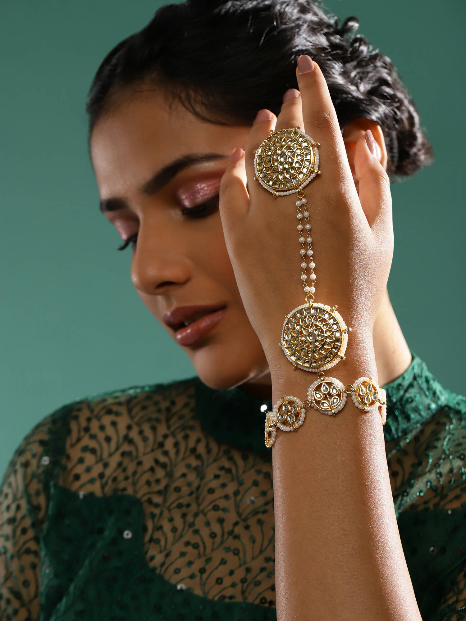 Women's Gold-Toned White Brass Kundan Gold-Polished Charm Bracelet - Ruby Raang - Ruby Raang Studio