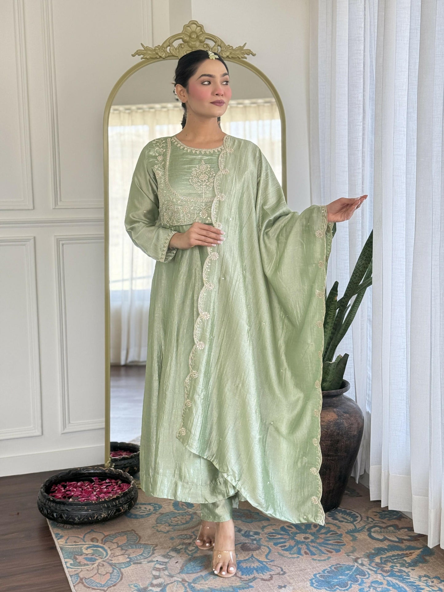The52 Pista Women's Gorgeous Embroidered Vichitra Silk Fabric Flared Kurta Pant with Dupatta Set - Swadesiicart