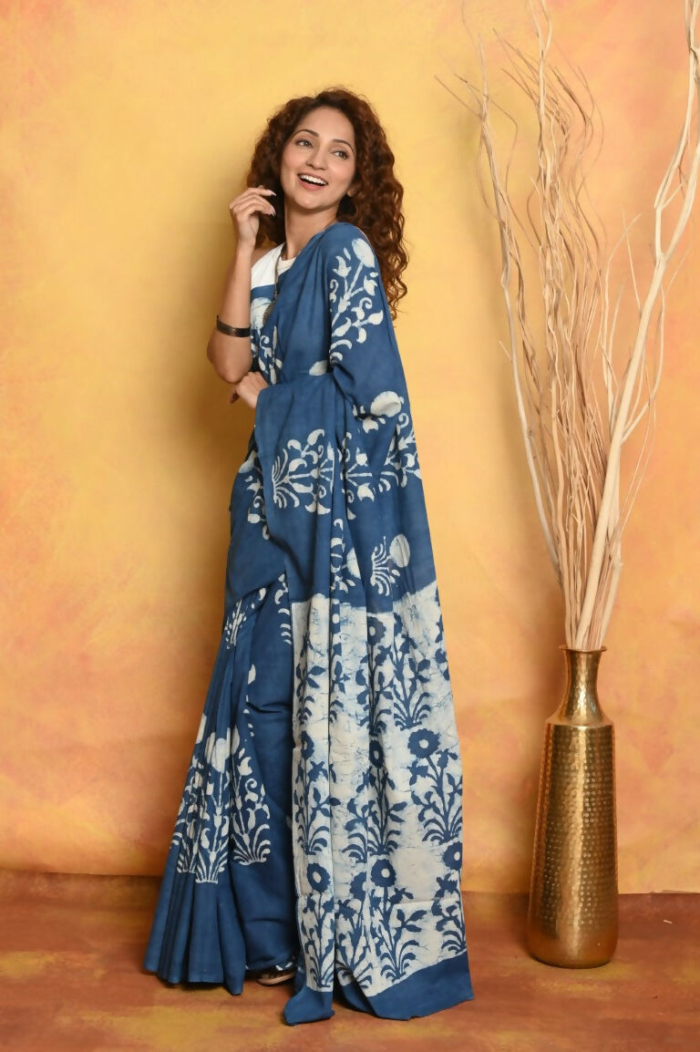 Very Much Indian Handblock Printed Cotton Saree With Natural Dyes - Cerulean Blue | Swadesiicart