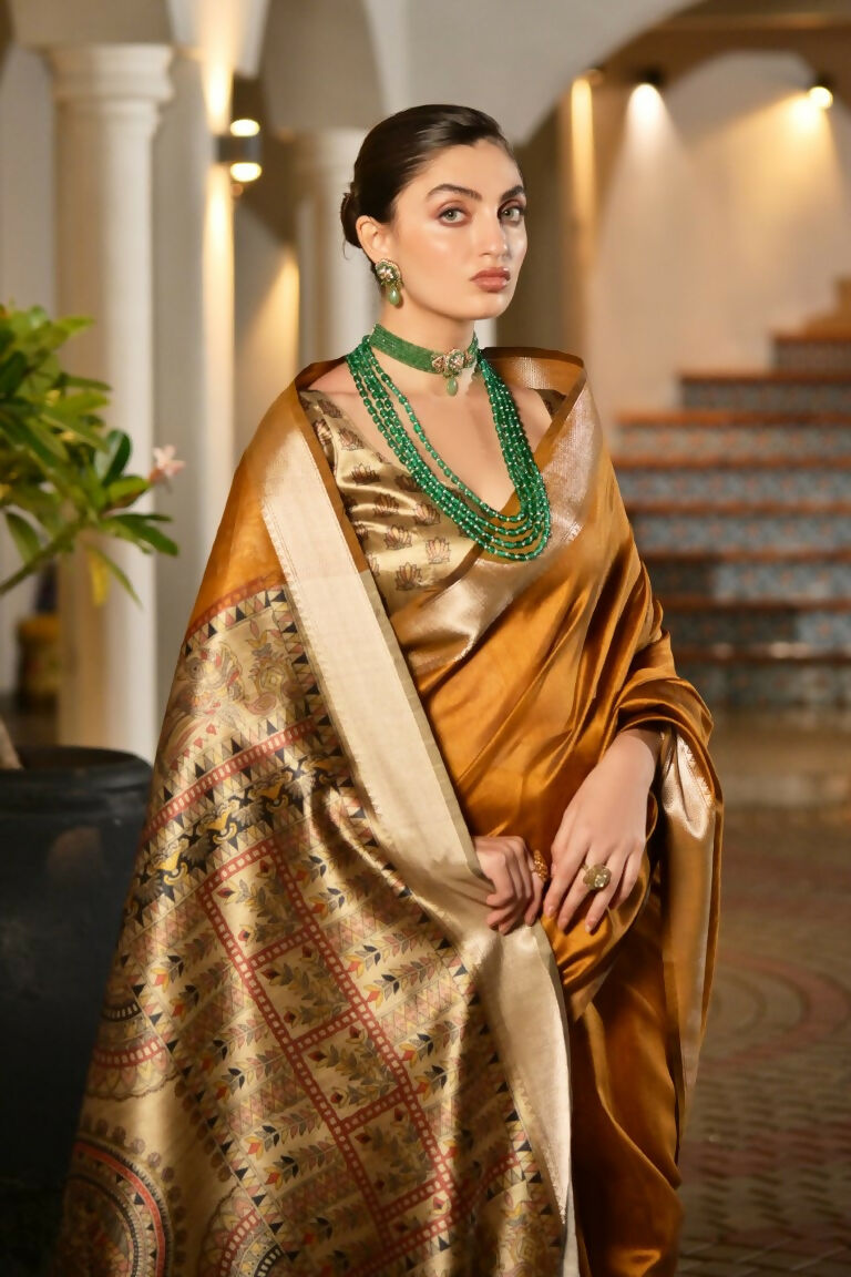 Vishnu Weaves Women's Yellow Soft Tussar Silk Printed Saree with Blouse - Swadesiicart