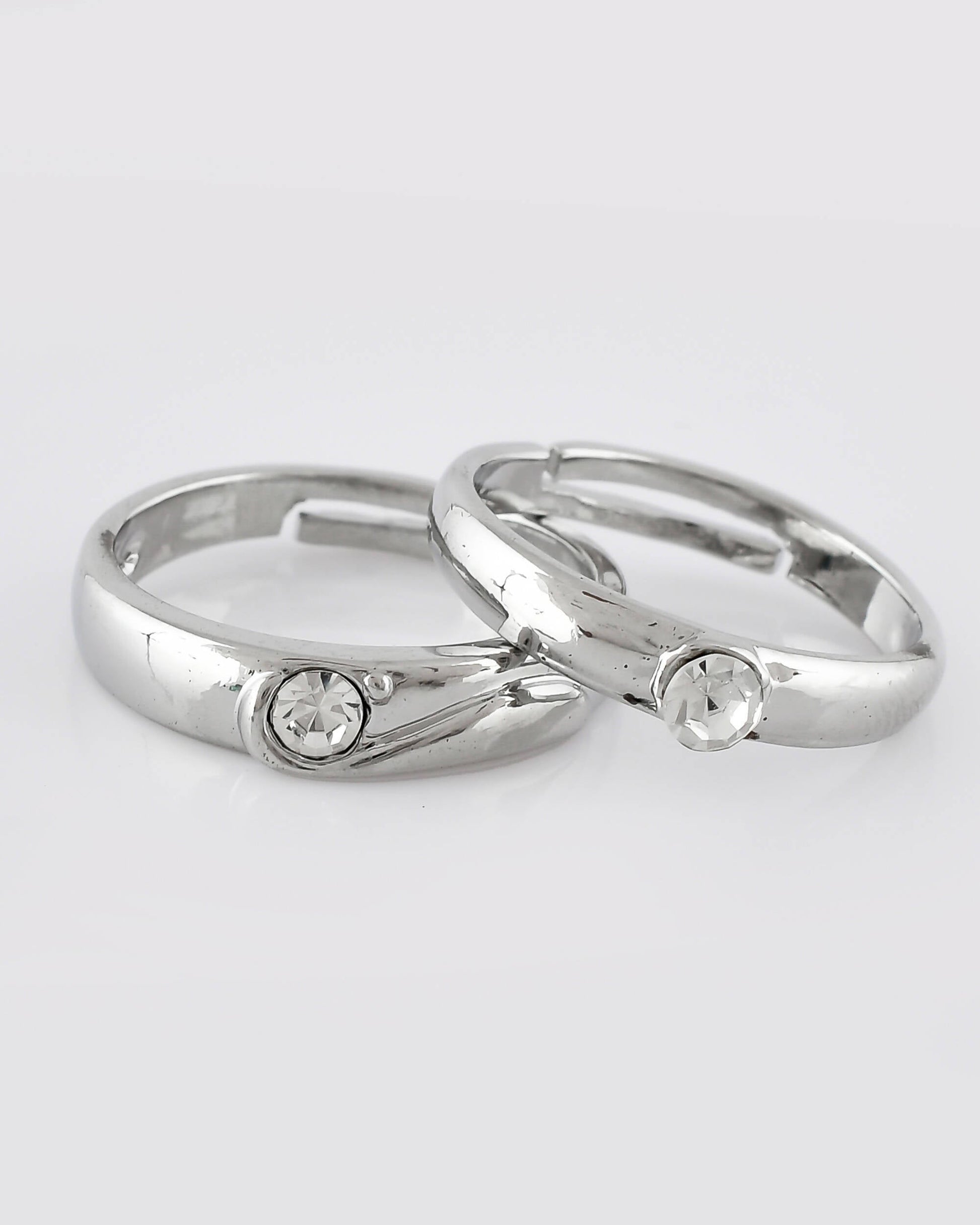 VOJ Stainless Steel Cubic Zirconia Silver Plated Adjustable Ring Set for Couple | Swadesiicart