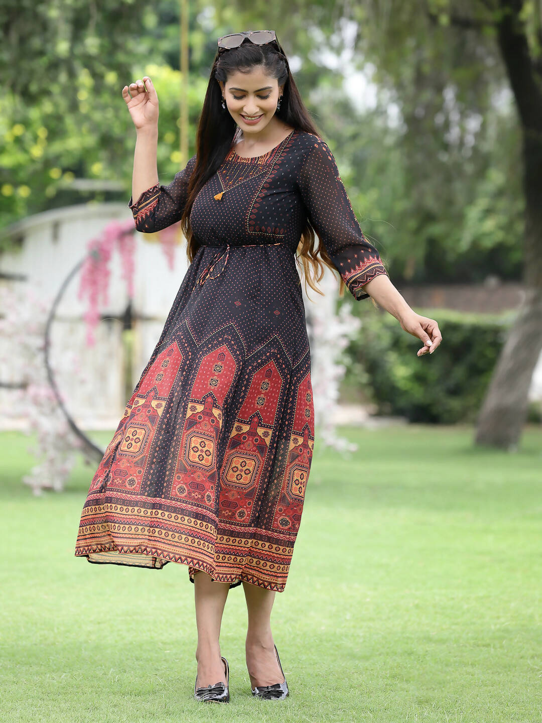 Juniper Black Georgette Festive Printed A-Line Dress For Women | Swadesiicart