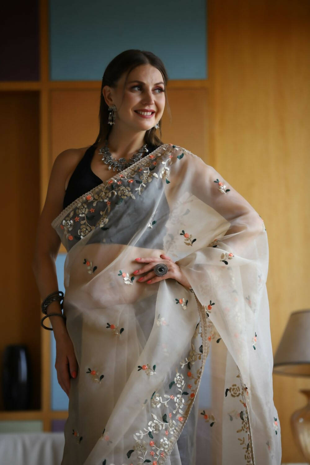 Vamsee White Organza Saree - Swadesiicart