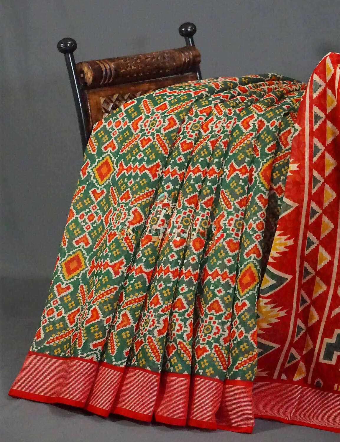Combo of Parrot Green and Red Patola Print Semi Chanderi Saree By Gayathri Reddy Designer Studio | Swadesiicart