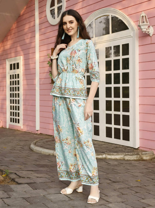 Aqua Blue Rayon Paisley & Floral Printed Top with Matching Bottom - Eesha - Swadesiicart