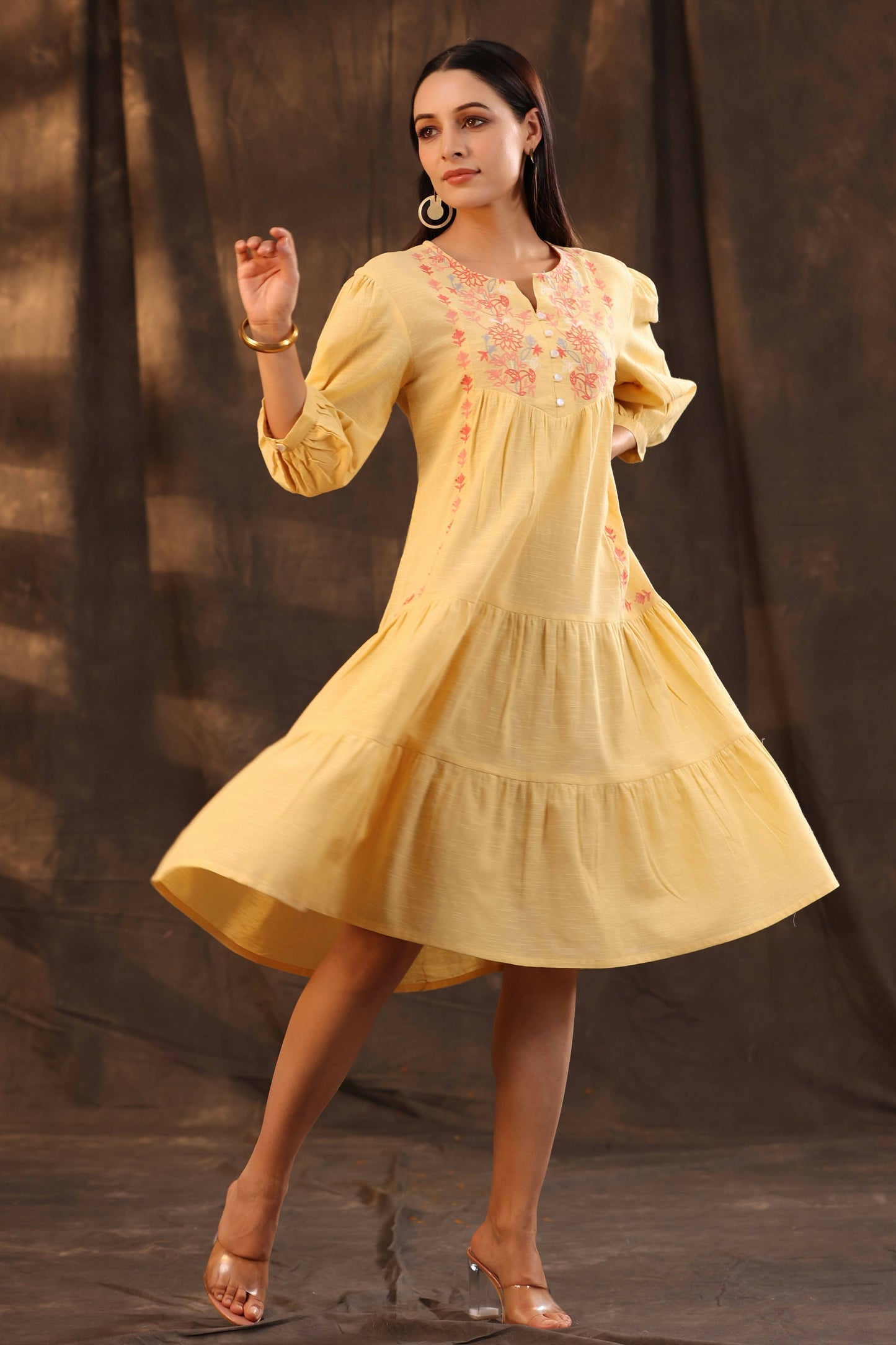 Juniper Women's Yellow Cotton Slub Solid Embroidered Tiered Dress | Swadesiicart