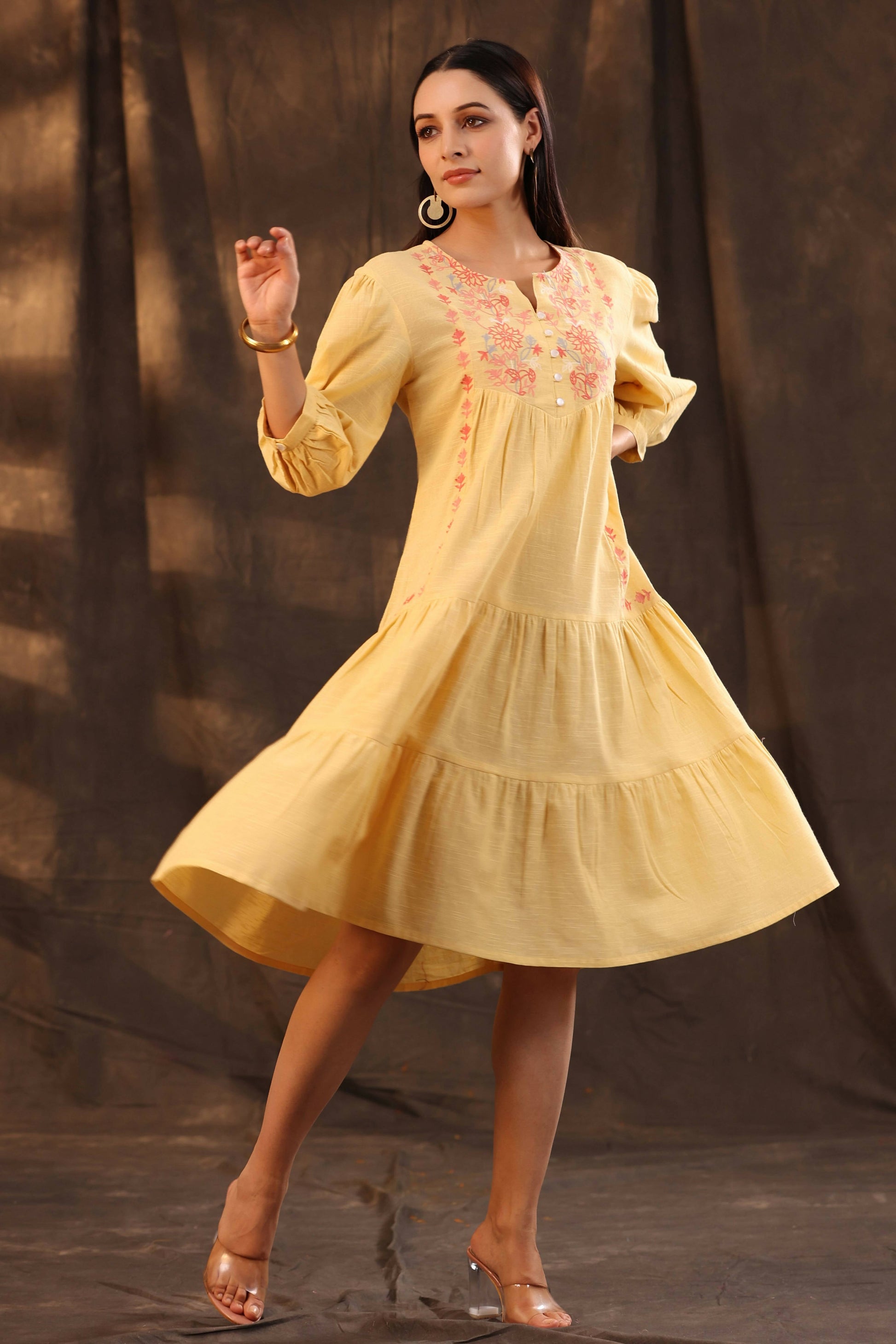 Juniper Women's Yellow Cotton Slub Solid Embroidered Tiered Dress | Swadesiicart