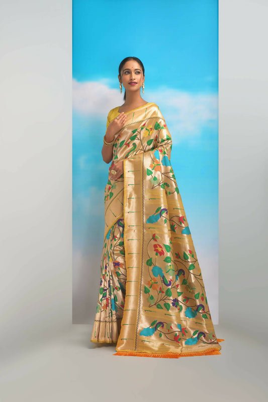 Vishnu Weaves Women's Yellow Paithani Silk Minakari Zari Woven Saree with Unstitched Blouse - Swadesiicart