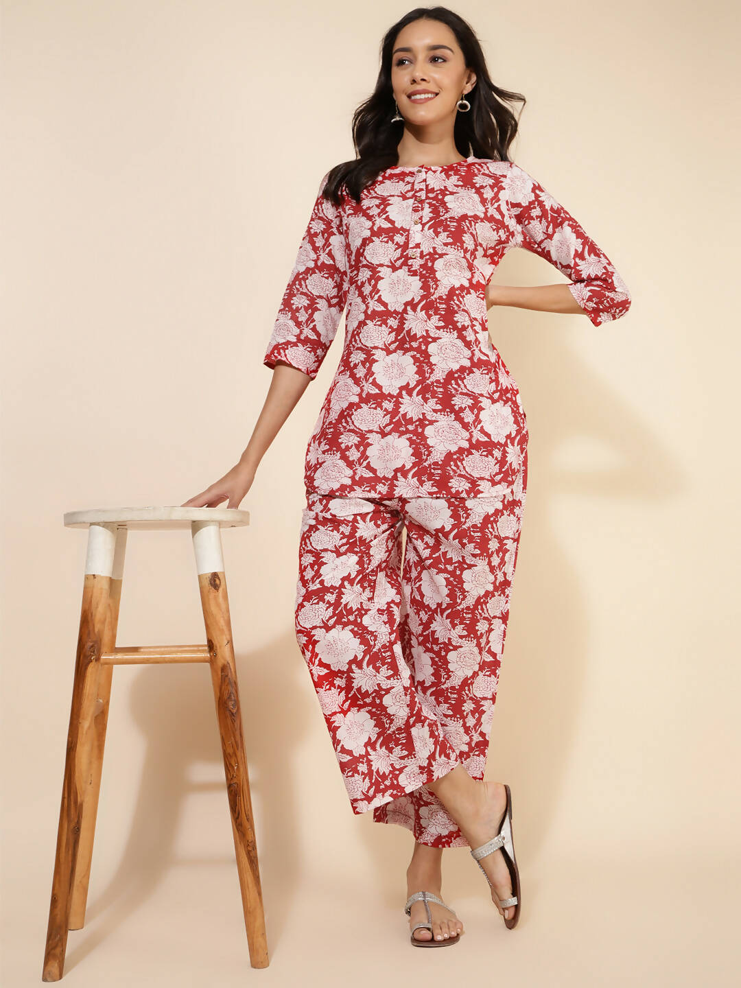 Janasya Women's Red Cotton Cambric Floral Printed Casual Straight Top Set | Swadesiicart