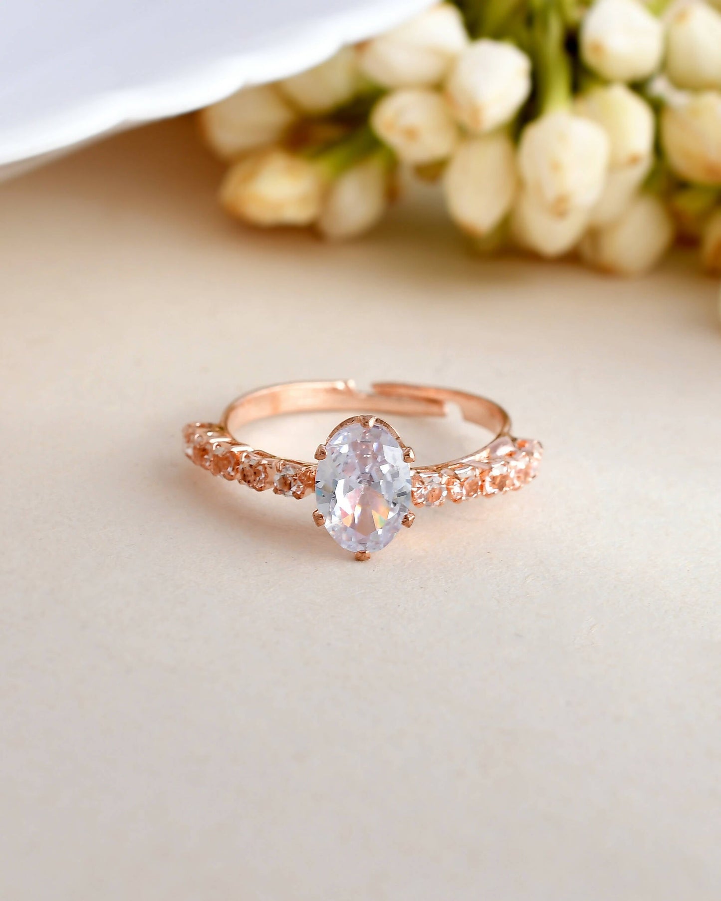 VOJ white CZ-detail Stainless Steel Cubic Zirconia Gold-Polished adjustable finger Ring | Swadesiicart