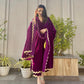 trueBrowns Wine Velvet Lace Kurta Pant Set | Swadesiicart
