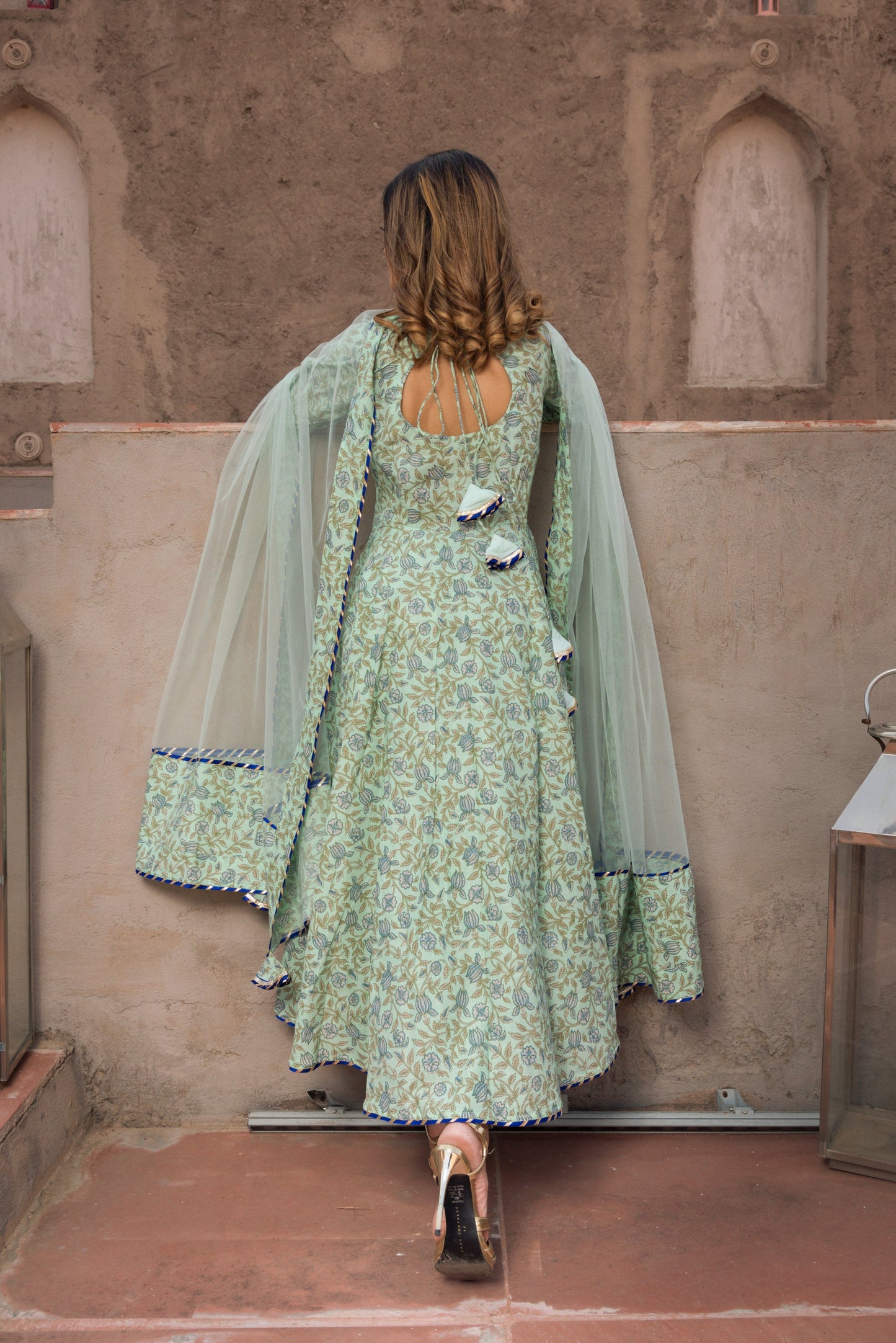 Pomcha Jaipur Aqua Green Hand Block Print Anarkali Set | Swadesiicart