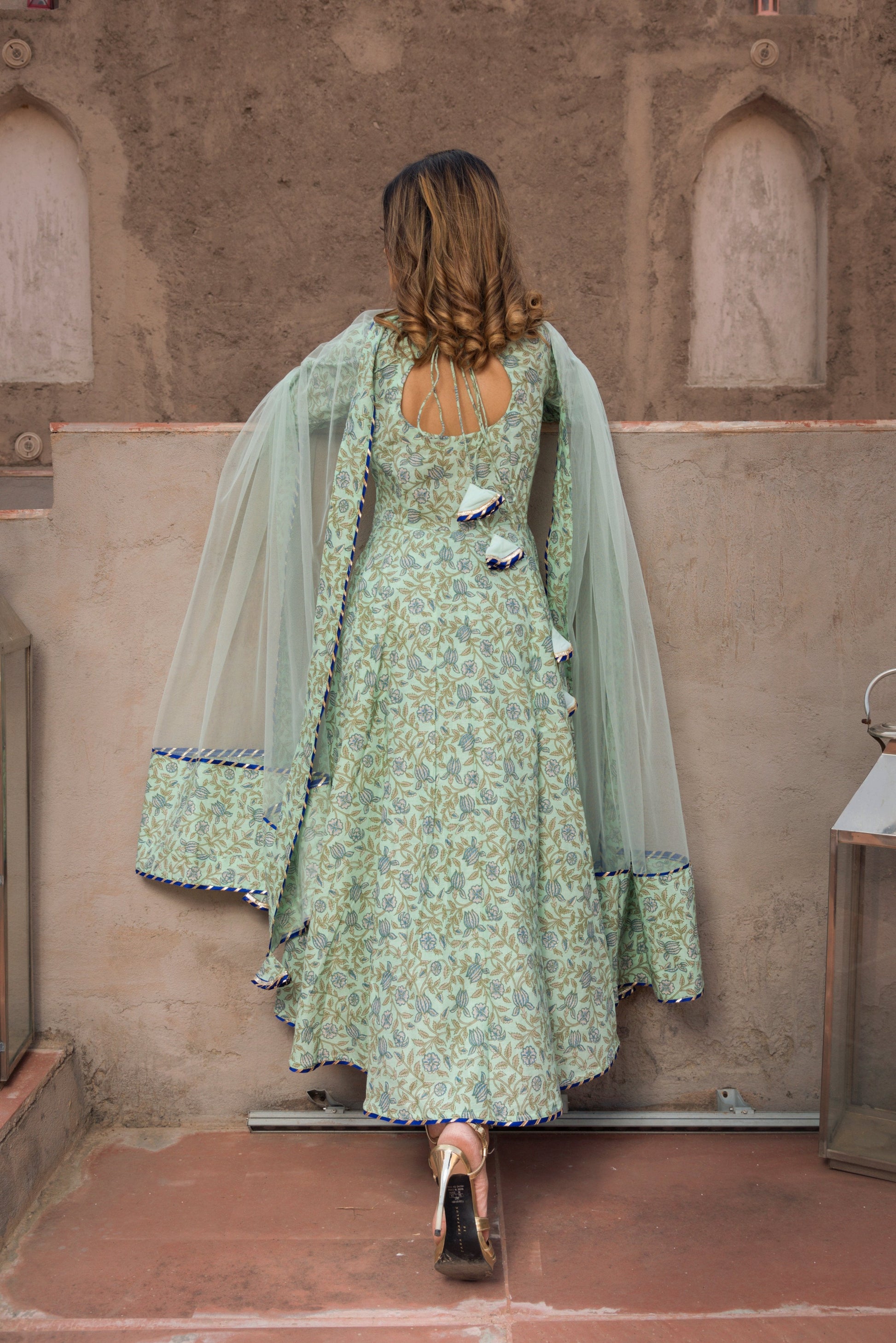 Pomcha Jaipur Aqua Green Hand Block Print Anarkali Set | Swadesiicart