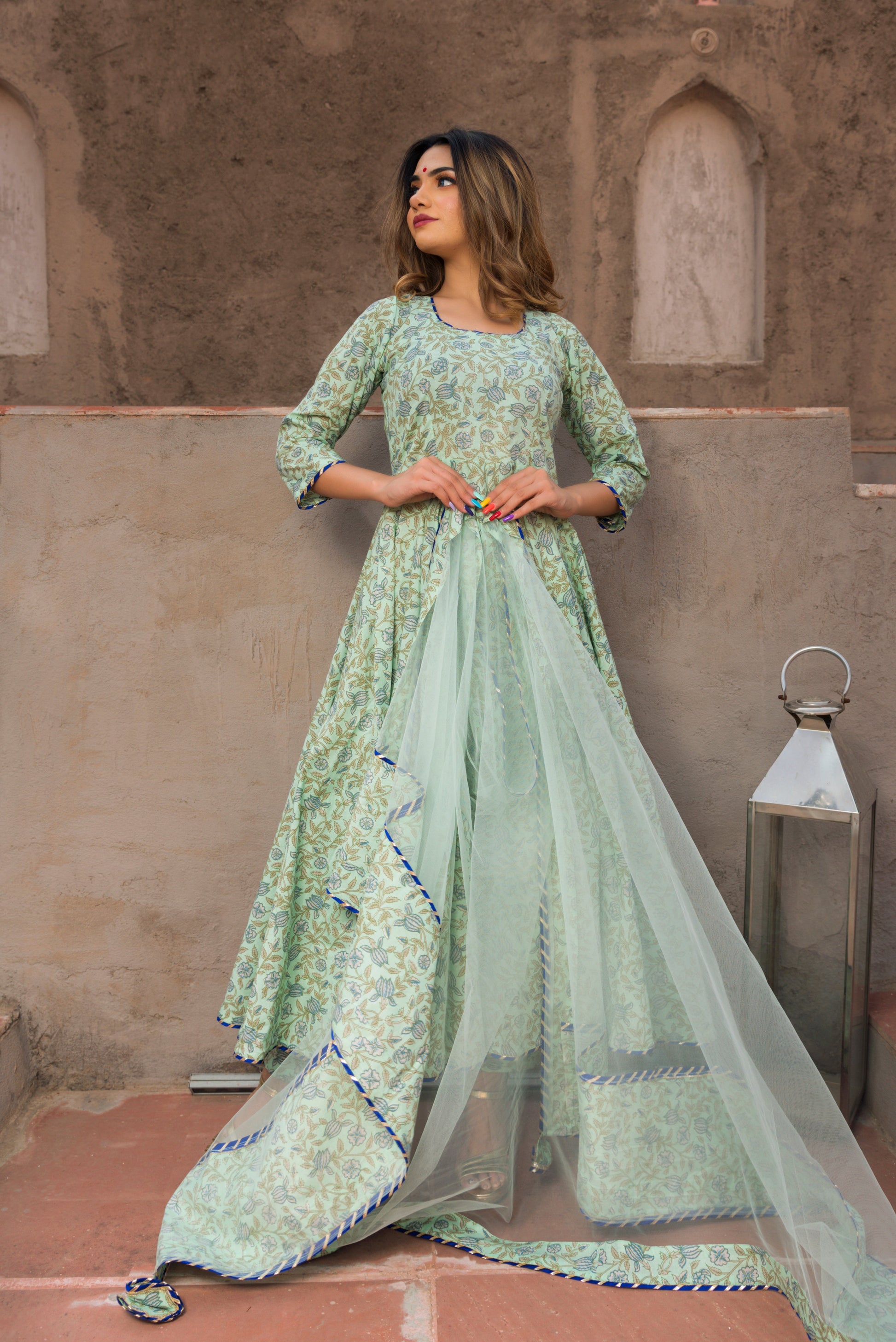 Pomcha Jaipur Aqua Green Hand Block Print Anarkali Set | Swadesiicart