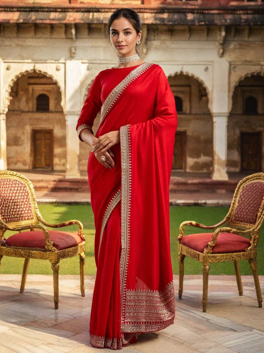 Lorenvalley Fashion Red Vichitra Silk with Sequence coding Work Saree with Blouse - Swadesiicart