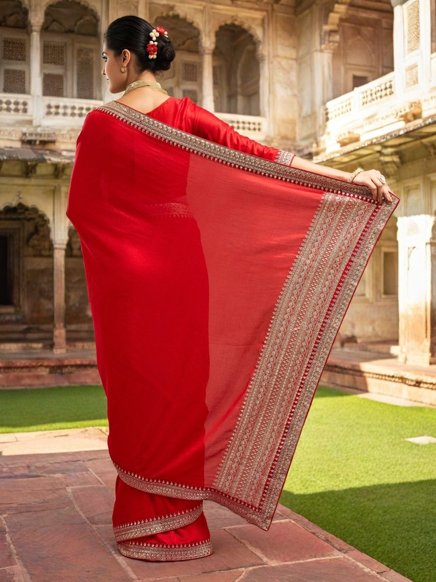 Lorenvalley Fashion Red Vichitra Silk with Sequence coding Work Saree with Blouse - Swadesiicart